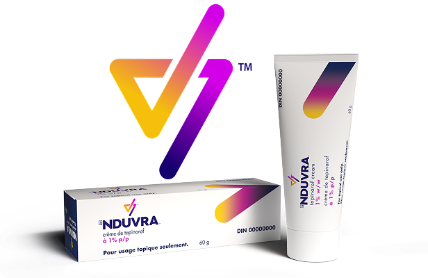 Photo des emballages de la crème NDUVRA® (boîte et tube de 60g) et de l'icône V NDUVRA®.