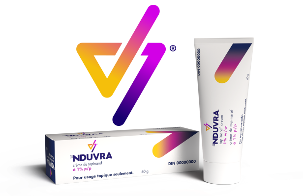 Photo des emballages de la crème NDUVRA® (boîte et tube de 60g) et de l'icône V NDUVRA®.