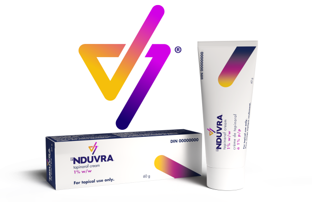 Picture of the NDUVRA® cream packagings (60g box and tube) and of the NDUVRA® V icon.